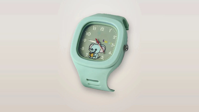 Montre Trompette verte pour apprendre l'heure, vue en entier