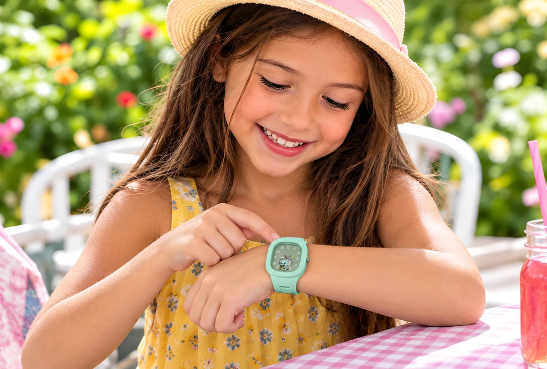 Un petit garçon porte la montre Trompette verte