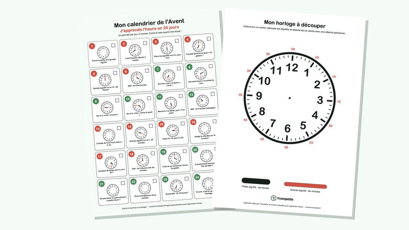 Calendrier de l'Avent à imprimer pour apprendre l'heure et horloge à découper