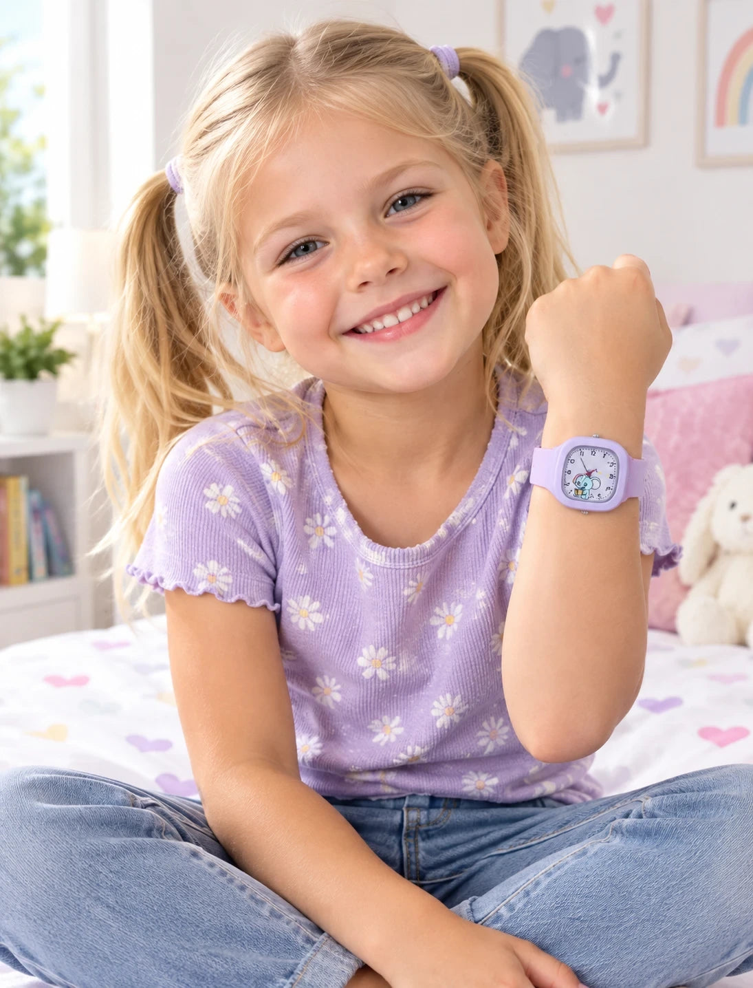 Une enfant porte la montre Trompette violette
